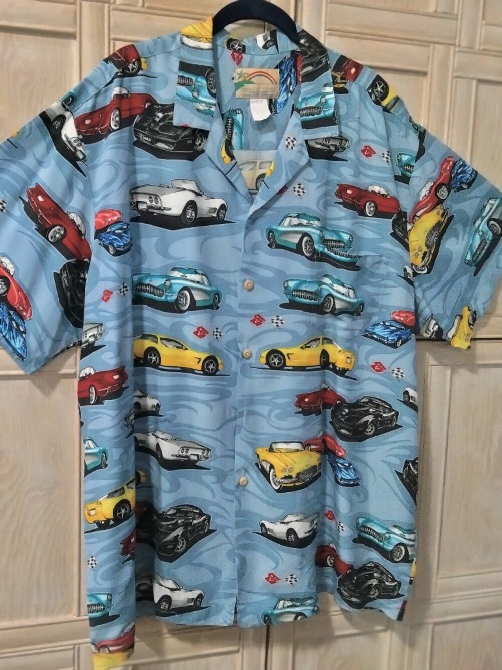 Paradise Found Vintage Men's Shirt, Corvettes, Monochromatic Blue, Rare